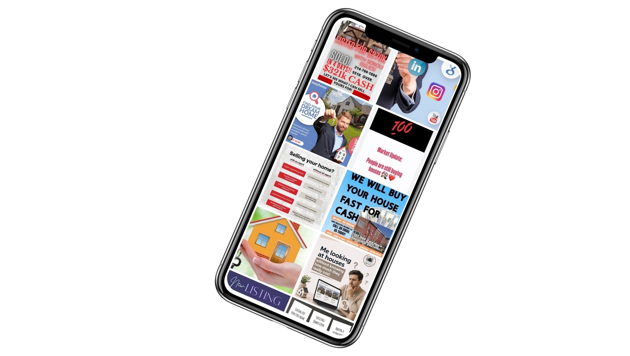 A black smartphone shown at an angle on a plain white background, with its screen turned on and displaying a collage of old style social media posts that are thrown together, don't look cohesive and make a realtor look like that can't market themselves (or their properties) well