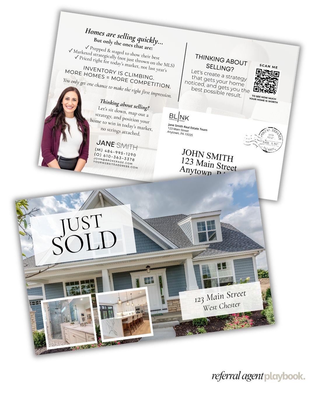 Two real estate marketing postcards fanned out against a white background. The top playbook is a just sold marketing postcard and the back has contact information, a QR code, and a realtor's information. 