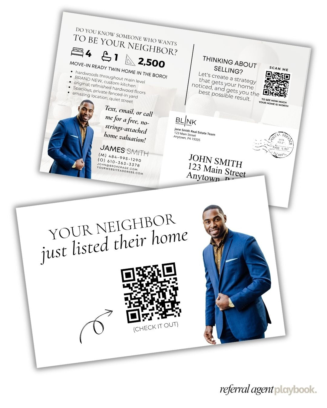 Two real estate referral cards or postcards shown on a white background, featuring a man in a blue suit, text about a home listing, QR codes, and contact details.